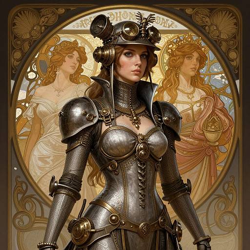 Digital art of a steampunk armored woman with ornate helmet, chest plates, and intricate detailing, flanked by golden-hued, classical-style