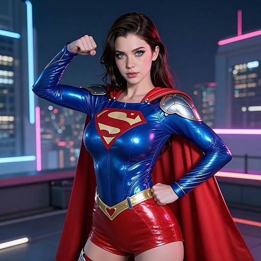 CGI image of a confident, blue-eyed, dark-haired woman in a shiny blue Superman suit with red shorts, cape, and gold belt, flex