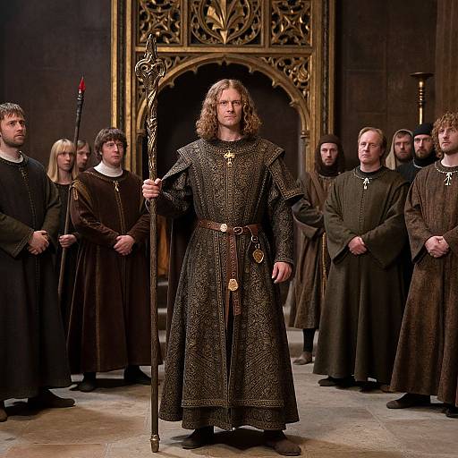 Medieval knight with long brown hair, holding ornate staff, leads group in dark medieval robes, standing in opulent, golden-accented hall