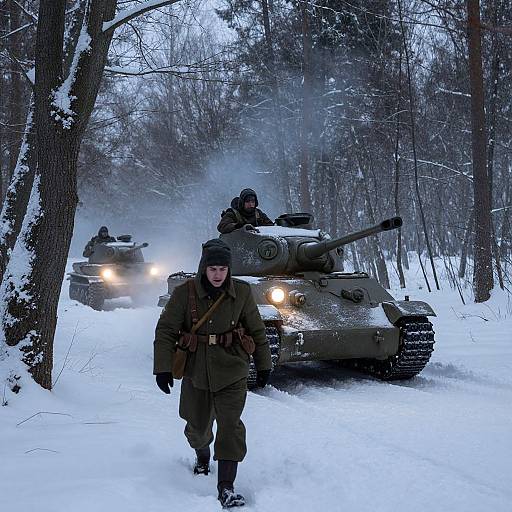 Photograph of three soldiers in winter gear walking behind two camouflaged tanks on a snowy forest path, with trees on either side.