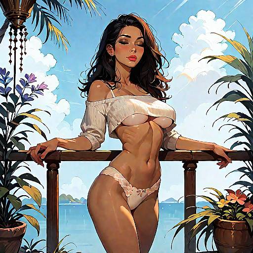 Woman in Off-Shoulder Crop Top and Bikini Bottoms on Mediterranean Terrace