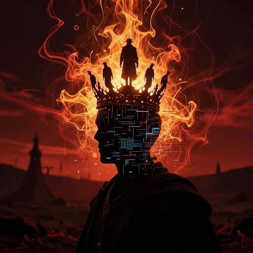 Digital artwork of a silhouetted figure with a fiery crown, featuring three dark silhouettes, set against a red, glowing sky.