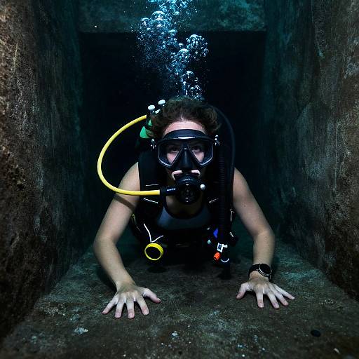 Intrepid Diver in Mysterious Green Tunnel