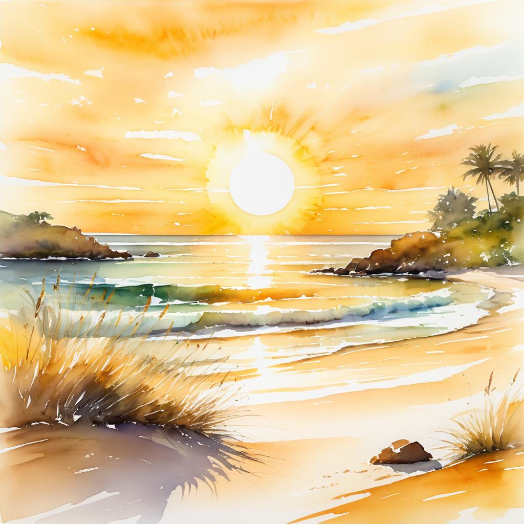 Serene Beach Landscape Watercolor Painting