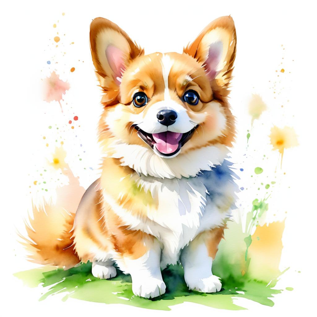 Whimsical Watercolor of Happy Corgi