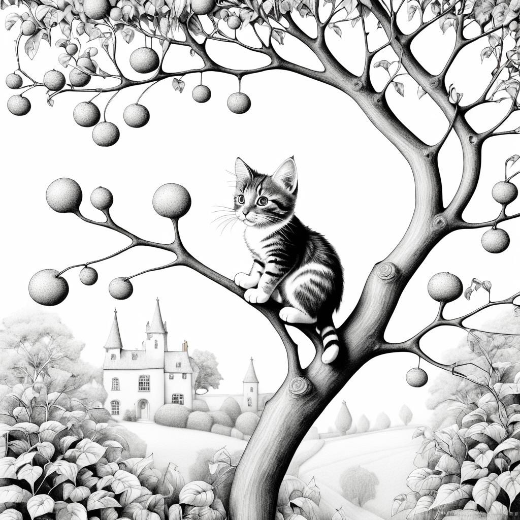 Whimsical Cat Climbing Gumdrop Tree