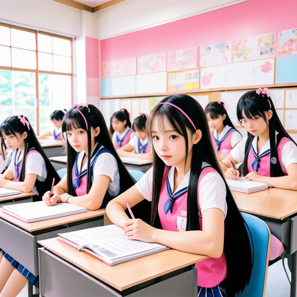 Teenage Girl in Japanese Classroom Scene