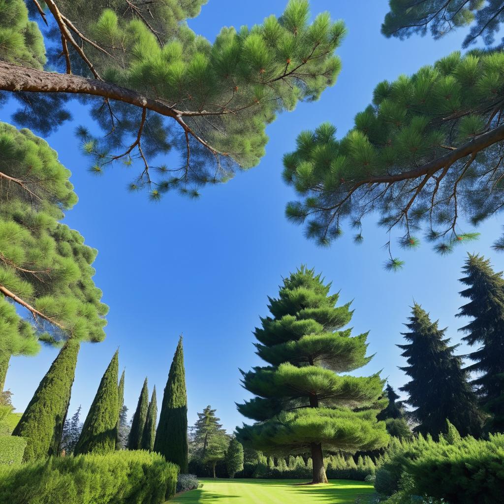 Mystical Garden with Towering Pine Tree