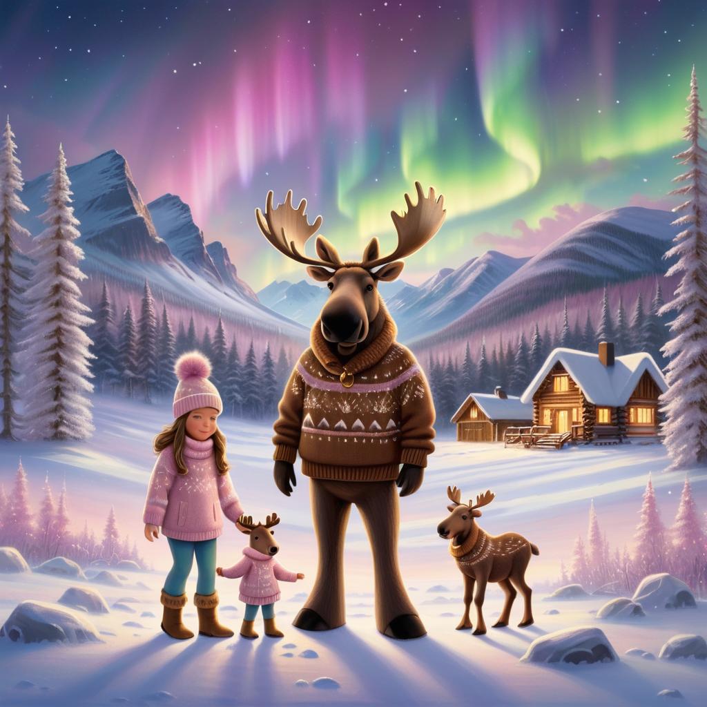 Cozy Moose Family Under Northern Lights