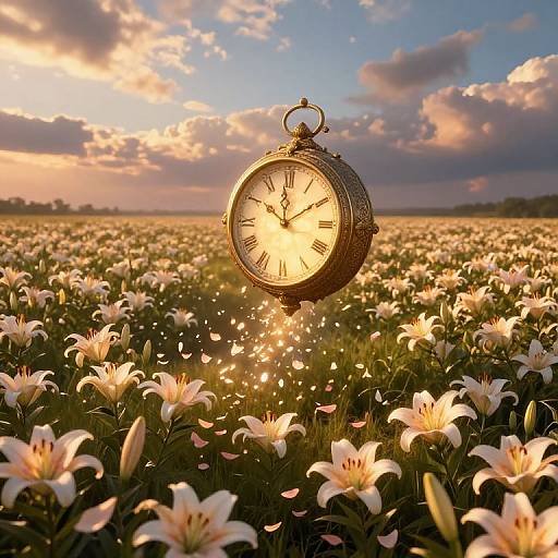 Photograph of a floating antique clock in a sunlit field of white lilies with pink petals, under a golden sunset sky with scattered clouds.