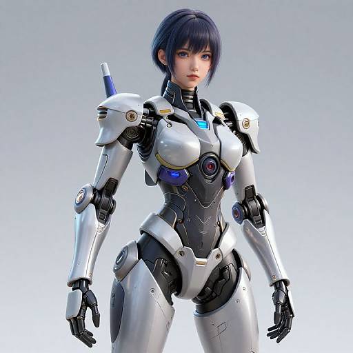 CGI image of a stunning, blue-haired, humanoid female robot with white and black armor, blue accents, and a futuristic design.
