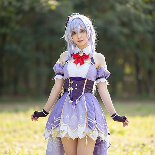 Photograph of an anime-style cosplayer with silver hair, white and purple outfit, red bow, black gloves, standing in a sunlit field with