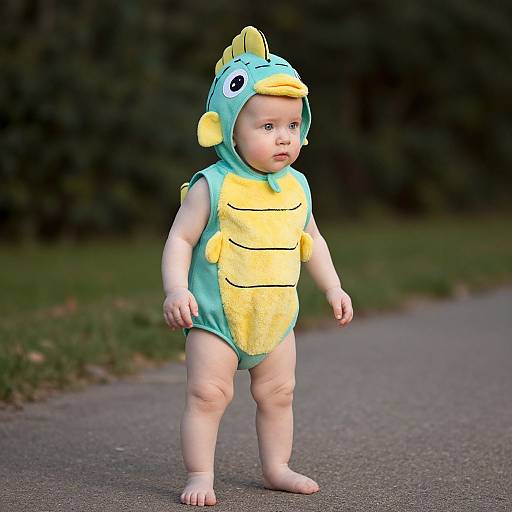 Photograph of a baby with fair skin, wearing a yellow and turquoise fish costume with a dorsal fin hat, walking barefoot on a park path with