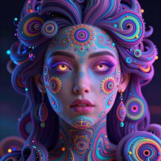 Digital art of a woman with glowing, vibrant, neon-colored spiral and circular face paint, eerie glowing eyes, and intricate, colorful hair, set against