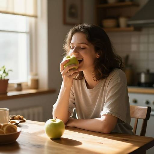 Girl Enjoying Apple in Cozy Kitchen