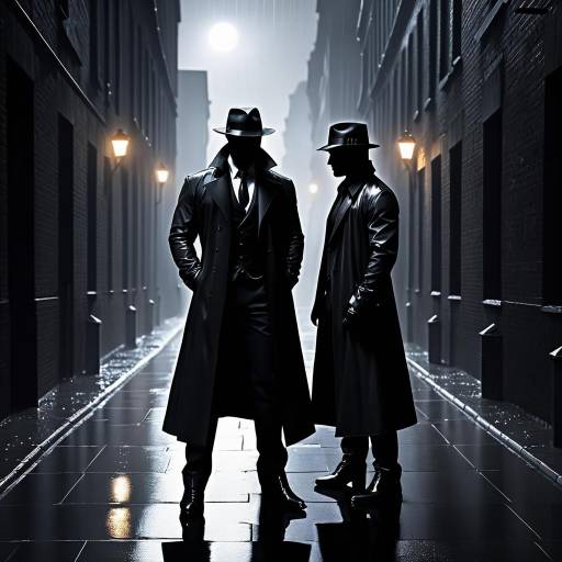 Two Men in Trench Coats and Fedoras on Rainy City Street