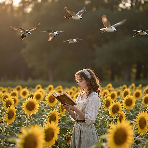 Photograph of a curly-haired woman in a white blouse and gray dress, reading a book in a sunlit sunflower field, with four birds flying