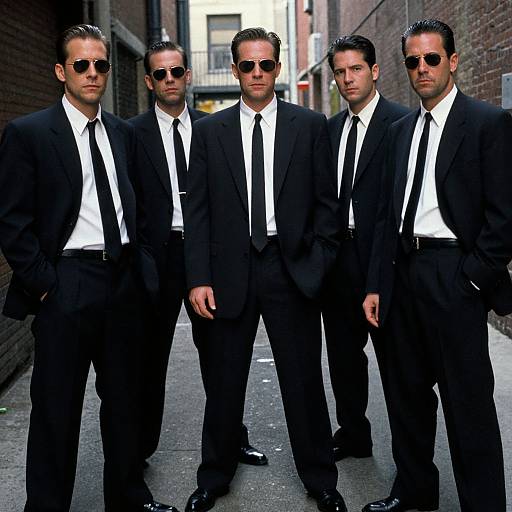Photograph of five men in black suits, white shirts, black ties, and sunglasses, standing in a narrow alleyway, exuding a serious,