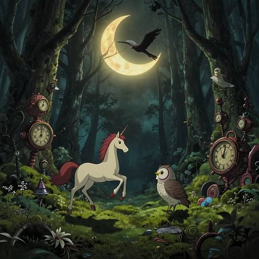 Fantasy forest scene with a white unicorn with red mane, owl, and black crow under a glowing yellow crescent moon, surrounded by time clocks and