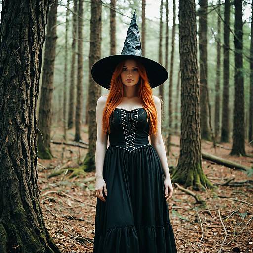 Red-haired witch in black dress in forest