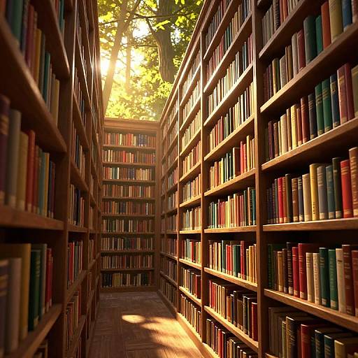 Photograph of a sunlit, narrow library aisle with tall wooden bookshelves filled with colorful books on both sides, sunlight streaming through a leafy
