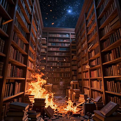 Photograph of a burning library with flames consuming stacked books between tall wooden shelves, under a starry night sky visible through the ceiling.