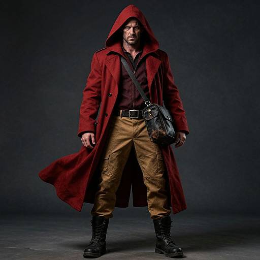 Photograph of a muscular man with a dark beard, wearing a red hooded trench coat, brown pants, black boots, and a leather satch