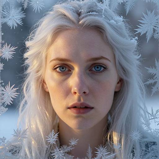 Photograph of a blonde, blue-eyed woman with frosty hair, surrounded by white snowflakes, in a snowy, blurred forest background.