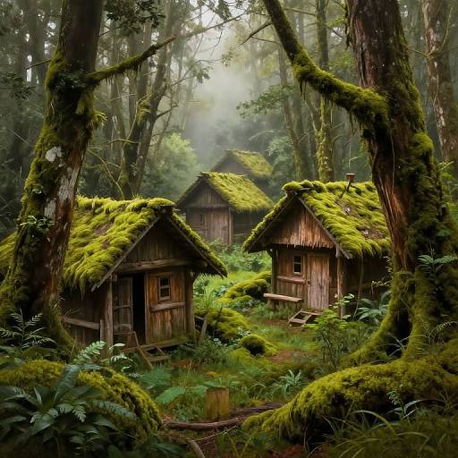 Photograph of a misty, moss-covered forest with two wooden, thatched-roof cottages nestled among tall trees and lush greenery.