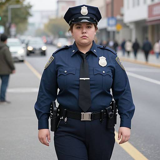 Photograph of a serious, young, Latina female police officer in a dark blue uniform standing on a city street with blurred background and pedestrians.