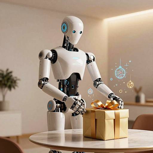Photorealistic CGI of a white and black humanoid robot with blue eyes, opening a gold-wrapped gift on a round table, with glowing digital spark