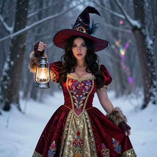 Photograph of a fair-skinned witch with curly black hair, red velvet dress, gold embroidery, holding a lantern, in a snowy forest.