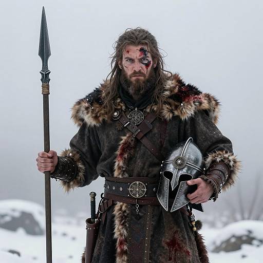 Mysterious Warrior in Misty Landscape