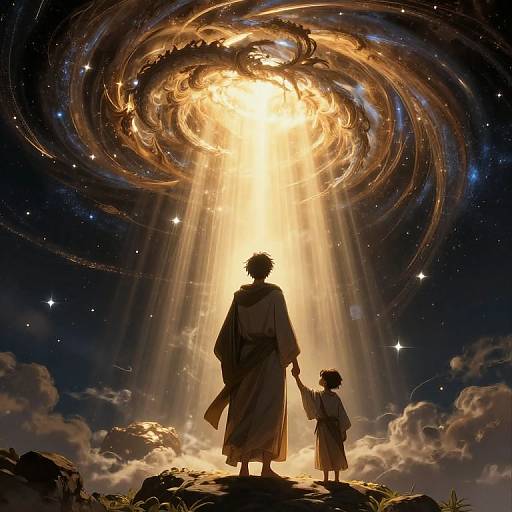 Digital artwork of a silhouetted adult and child holding hands, gazing at a glowing, swirling galaxy with radiant beams of light.