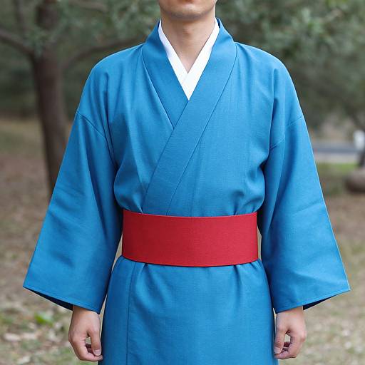 Photograph of an Asian person wearing a bright blue kimono with a wide red obi belt, standing outdoors in a blurred forest background.