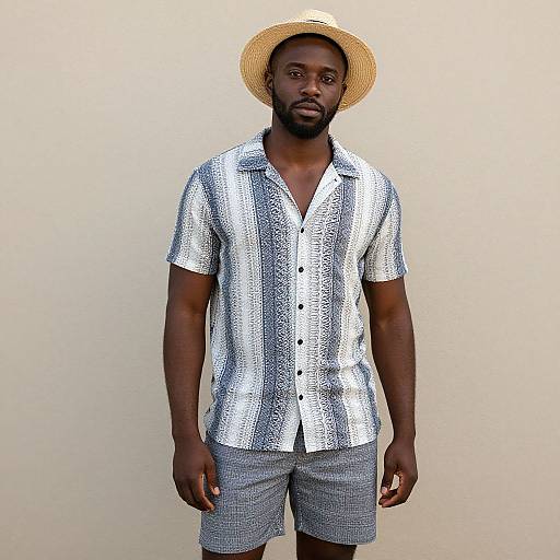 Photograph of a Black man with dark skin wearing a straw hat, white patterned shirt, and gray shorts, standing against a plain beige wall.