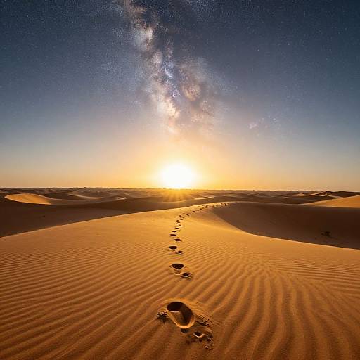 Photograph of a sunset over a desert, with a trail of footprints leading to a glowing sky filled with the Milky Way.