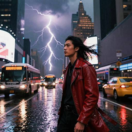 Photograph: Asian woman with black hair in red leather jacket walks in rain-soaked New York City street during lightning storm, surrounded by cars and bright