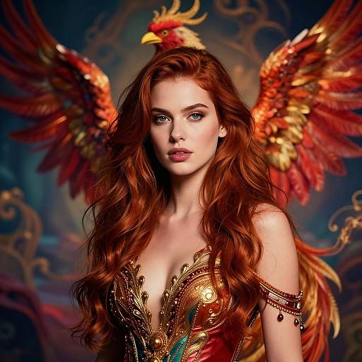 Digital art: Fair-skinned, red-haired woman with fiery phoenix wings, wearing ornate, gold-embellished, low-cut top, against