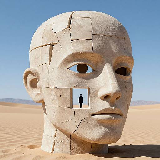 Photograph of a cracked, white stone head sculpture with a small rectangular cutout, showing a silhouette of a person in a desert under a clear blue