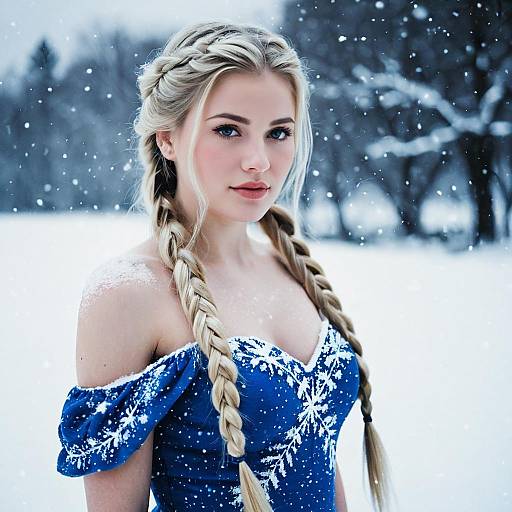 Blonde Woman in Blue Dress in Snow