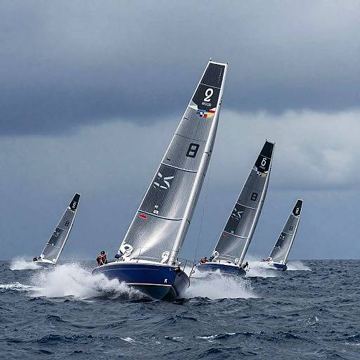 Photograph of four sailboats racing in choppy, dark blue ocean with tall, white and black sails against a stormy gray sky.