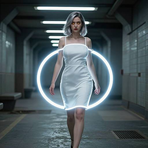Photograph of a silver-haired woman in a white, form-fitting dress, standing in a dimly lit underground hallway, illuminated by a glowing circular