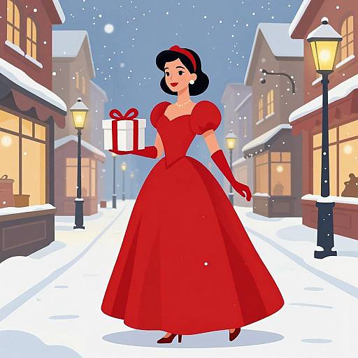 Cartoon-style illustration of a fair-skinned woman with black hair in a red dress and gloves, holding a gift box, walking on a snowy,