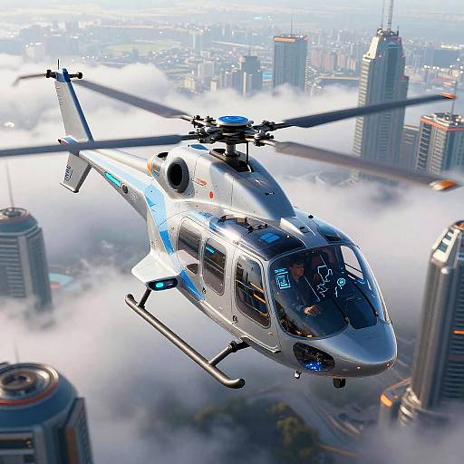 Photorealistic CGI of a sleek, white helicopter with blue accents flying above a cityscape shrouded in fluffy clouds. Tall skyscrapers in