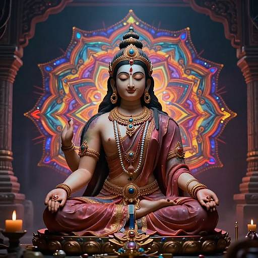Digital art of a serene, dark-haired goddess statue with closed eyes, wearing ornate gold jewelry and red saree, seated in lotus position,