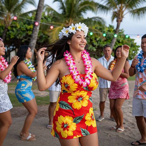 Photograph of a smiling woman with long black hair, wearing a white flower crown, yellow and red floral dress, and pink lei, dancing with others
