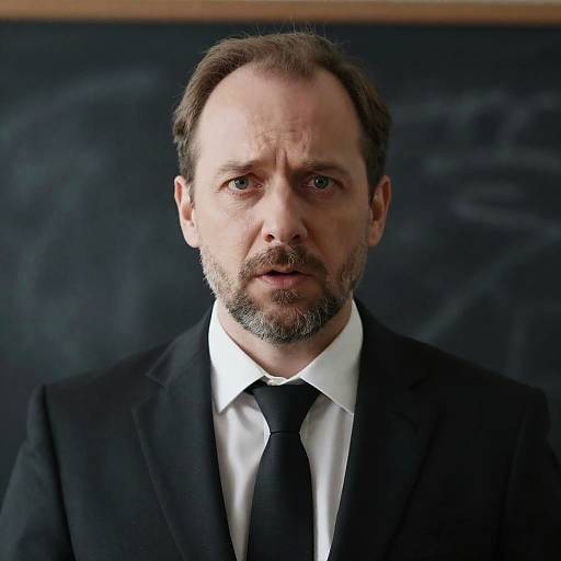 Concerned Man in Suit with Chalkboard Background