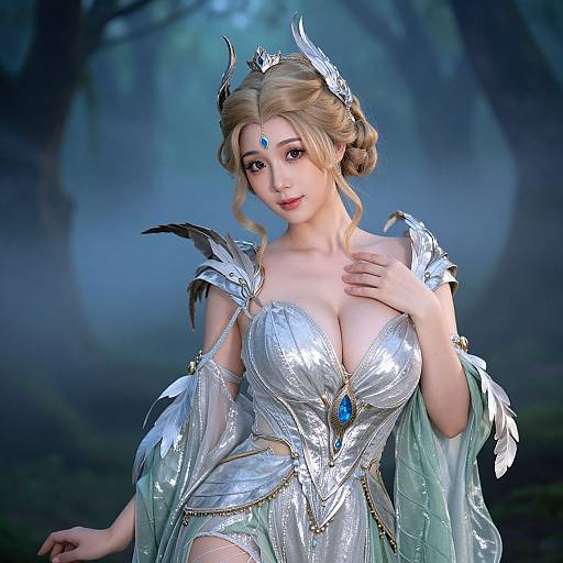 Digital fantasy artwork of a beautiful blonde woman with large breasts, wearing a silver, feathered, fantasy dress with blue gem, in a mystical forest.