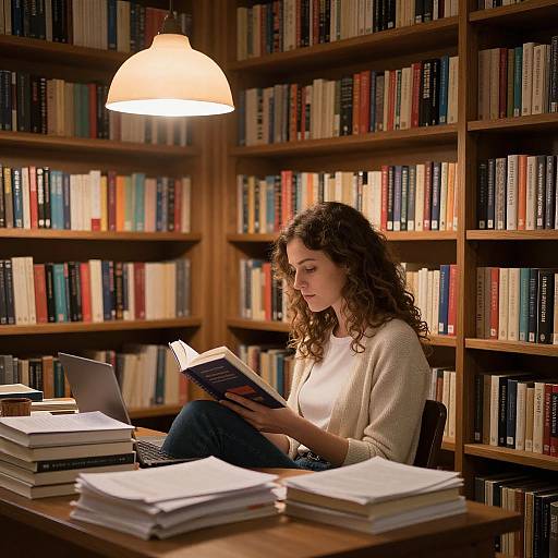 Cozy Library Woman Reading Book